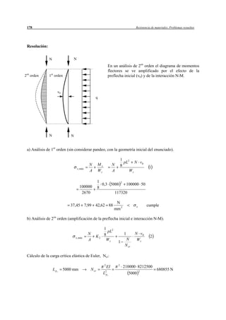 178                                                                                   Resistencia de materiales. Problemas resueltos




 Resolución:


               N                  N
                                                                 En un análisis de 2on orden el diagrama de momentos
                                                                 flectores se ve amplificado por el efecto de la
2on orden      1er orden                                         preflecha inicial (v0) y de la interacción N-M.


                      v0
                                                    q




               N              N


 a) Análisis de 1er orden (sin considerar pandeo, con la geometría inicial del enunciado).

                                                                              1 2
                                                                                pL N v 0
                                                N      Mz             N       8
                                      x , máx                                                    1
                                                A      Wz             A           Wz

                                                       1          2
                                                         0,3 5000    100000 50
                                        100000         8
                                         2670                  117320

                                                                       N
                              37,45 7,99 42,62 88                                      e       cumple
                                                                      mm 2

 b) Análisis de 2on orden (amplificación de la preflecha inicial e interacción N-M).

                                                            1 2
                                                              pL
                                                N           8                  1       N v0
                                  x , máx           K2                                            2
                                                A            Wz                  N      Wz
                                                                          1
                                                                                N cr

 Cálculo de la carga crítica elástica de Euler, Ncr:

                                                             2            2
                                                                 EI            210000 8212500
                   L pz    5000 mm              N cr                                                   680855 N
                                                            L2p z                  5000
                                                                                           2
 