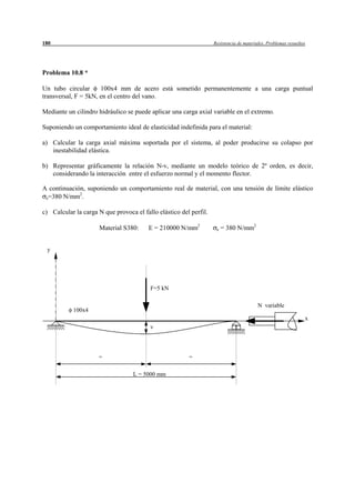 180                                                                Resistencia de materiales. Problemas resueltos




Problema 10.8 *

Un tubo circular      100x4 mm de acero está sometido permanentemente a una carga puntual
transversal, F = 5kN, en el centro del vano.

Mediante un cilindro hidráulico se puede aplicar una carga axial variable en el extremo.

Suponiendo un comportamiento ideal de elasticidad indefinida para el material:

a) Calcular la carga axial máxima soportada por el sistema, al poder producirse su colapso por
   inestabilidad elástica.

b) Representar gráficamente la relación N-v, mediante un modelo teórico de 2º orden, es decir,
   considerando la interacción entre el esfuerzo normal y el momento flector.

A continuación, suponiendo un comportamiento real de material, con una tensión de límite elástico
             2
 e=380 N/mm .


c) Calcular la carga N que provoca el fallo elástico del perfil.

                      Material S380:     E = 210000 N/mm2           e   = 380 N/mm2


 y




                                         F=5 kN

                                                                                         N variable
           100x4
                                                                                                                x
                                         v




                     =                                  =

                                   L = 5000 mm
 