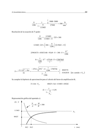 10 Inestabilidad elástica                                                                                                      183




                                                                        1
                                                                          5000 5000
                                       N                1               4                         N
                                                                                           380
                                      1206            N                    27840                 mm 2
                                               1
                                                    115403

Resolución de la ecuación de 2º grado:

                                                 N            115403
                                                                     225 380
                                               1206         115403 N

                                                                               N
                                         115403 225                 380              115043 N
                                                                              1206

                                                                                                   N2
                                   25965675 43853140 95,69 N                             380 N
                                                                                                  1206

                                                 1
                                           0        N2                  475,69 N 17887465
                                               1206                           b            c
                                                    a



                                                                      1
                      2                  476       476 2        4        1788746
             b      b       4ac                                     1206                       40425 N
     N
                    2a                                      1                                  533630 N   sin sentido   N cr
                                                        2
                                                          1206

Se cumplen la hipótesis de aproximación para el cálculo del factor de amplificación K:

                                  N      0,6 N cr                       40425 0,6 115403 69242

                                                                          1
                                                            K                     1,54
                                                                           N
                                                                    1
                                                                          N cr

Representación gráfica del apartado c):

    (N) N
                                    N          M
                                           K            380
                                    A          W

    115403
                                                                                                            Ncr


   40425




                          44,5    68,5                                                                       v (mm)
 
