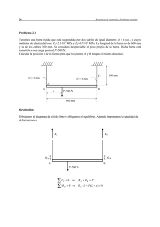 26                                                                  Resistencia de materiales. Problemas resueltos




Problema 2.1

Tenemos una barra rígida que está suspendida por dos cables de igual diámetro         4 mm , y cuyos
módulos de elasticidad son: E1=2.1·105 MPa y E2=0.7·105 MPa. La longitud de la barra es de 600 mm
y la de los cables 300 mm. Se considera despreciable el peso propio de la barra. Dicha barra está
sometida a una carga puntual P=500 N.
Calcular la posición x de la fuerza para que los puntos A y B tengan el mismo descenso.




                                                                      E2           300 mm
           4 mm                                      4 mm
                       E1
                   A                                                  B
                            x         P=500 N


                                          600 mm


Resolución:

Dibujamos el diagrama de sólido libre y obligamos el equilibrio. Además imponemos la igualdad de
deformaciones.



                                RA                                            RB




                       LA                                                          LB

                        A                                                   B
                                           P=500 N



                                     FV    0       RA   RB     P
                                     MB    0       RA L      P( L   x) 0
 