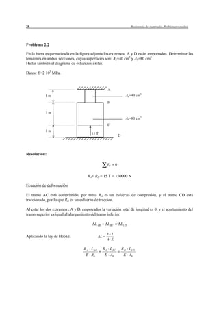 28                                                                         Resistencia de materiales. Problemas resueltos




Problema 2.2

En la barra esquematizada en la figura adjunta los extremos A y D están empotrados. Determinar las
tensiones en ambas secciones, cuyas superficies son: Aa=40 cm2 y Ab=80 cm2 .
Hallar también el diagrama de esfuerzos axiles.

Datos: E=2·105 MPa.



                                                      A
            1m                                                         Aa=40 cm2
                                                      B

            3m
                                                                       Ab=80 cm2
                                                      C
            1m
                                        15 T
                                                                 D




Resolución:

                                                     FV      0


                                      RA+ RD = 15 T = 150000 N

Ecuación de deformación

El tramo AC está comprimido, por tanto RA es un esfuerzo de compresión, y el tramo CD está
traccionado, por lo que RD es un esfuerzo de tracción.

Al estar los dos extremos , A y D, empotrados la variación total de longitud es 0; y el acortamiento del
tramo superior es igual al alargamiento del tramo inferior:

                                          L AB        L BC           LCD

                                                     F L
Aplicando la ley de Hooke:                     L
                                                     A E

                                    R A L AB       R A L BC          R D LCD
                                     E Aa           E Ab              E Ab
 
