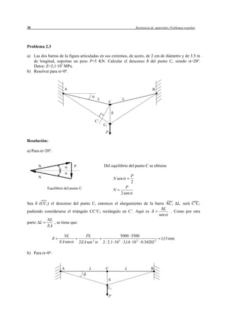 30                                                                               Resistencia de materiales. Problemas resueltos




Problema 2.3

a) Las dos barras de la figura articuladas en sus extremos, de acero, de 2 cm de diámetro y de 3.5 m
   de longitud, soportan un peso P=5 KN. Calcular el descenso del punto C, siendo =20º.
   Datos: E=2,1·105 MPa.
b) Resolver para =0º.



                      A                                                                      B

                                               L                     L
                                                        C




                                              C’
                                                   C1
                                                    P

Resolución:

a) Para =20º:


      N         N            P                     Del equilibrio del punto C se obtiene
                                  P

      N         N                                                            P
                                                             N sen
                                                                             2
           Equilibrio del punto C                                       P
                                                             N
                                                                     2 sen

Sea    (CC1) el descenso del punto C, entonces el alargamiento de la barra AC, L, será C’C1
                                                                          L
pudiendo considerarse el triángulo CC’C1 rectángulo en C’. Aquí es           . Como por otra
                                                                       sen
           NL
parte: L       , se tiene que:
           EA

                      NL             PL                    5000 3500
                                                                                                    1,13 mm
                    EA sen       2 EA sen 2        2 2.1 10 3,14 10 2 0.34202 2
                                                                 5



b) Para =0º:


                     A                 L            C                    L                  B




                                                        C1

                                                        P
 
