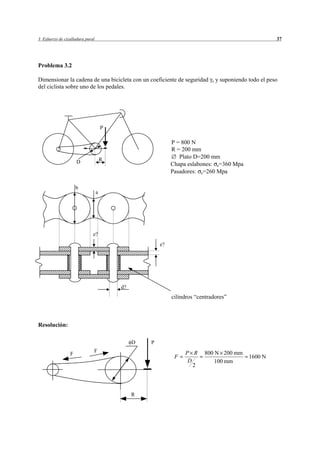 3 Esfuerzo de cizalladura pural                                                                          37




Problema 3.2

Dimensionar la cadena de una bicicleta con un coeficiente de seguridad       s   y suponiendo todo el peso
del ciclista sobre uno de los pedales.




                                      P

                                                            P = 800 N
                                                            R = 200 mm
                                      R                        Plato D=200 mm
                     D                                      Chapa eslabones: e=360 Mpa
                                                            Pasadores: e=260 Mpa

                     b
                                  a




                              e?
                                                       e?




                                          d?
                                                            cilindros “centradores”



Resolución:

                                               D   P
                              F                                  P R     800 N 200 mm
                 F
                                                             F                                1600 N
                                                                  D          100 mm
                                                                    2




                                               R
 