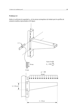 3 Esfuerzo de cizalladura pural                                                                      43




Problema 3.4

Hallar el coeficiente de seguridad seg de las piezas rectangulares de trabado para los perfiles de
estantería metálica representados en la figura.




                    s   ?




                                                                  Acero A-42b
                                                                              Kp
                                          20 mm                    e   2600
                                                                              cm 2


                                  10 mm
                                                        p = 100
                                                        N/cm




      h = 20 cm




                                                     L = 50 cm
 