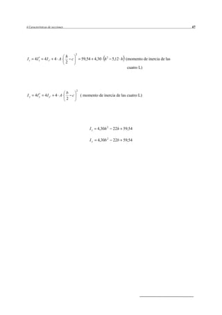 4 Características de secciones                                                                47




                                       2
                                 h
Iz    4I z    4I z'    4 A         c       59,54 4,30 h 2 5,12 h (momento de inercia de las
                                 2
                                                                       cuatro L)




                                       2
                                 b
Iy     4I y    4I y'   4 A         c       ( momento de inercia de las cuatro L)
                                 2




                                                Iz   4,30h 2   22h 59,54

                                                Iy   4,30b 2   22b 59,54
 