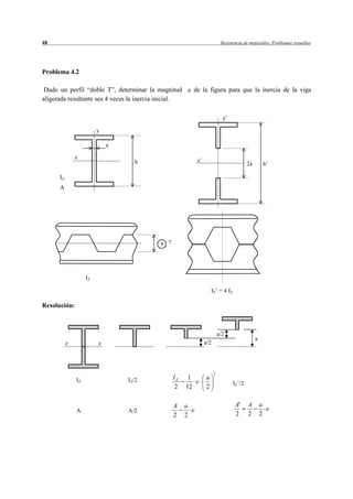 48                                                                        Resistencia de materiales. Problemas resueltos




Problema 4.2

 Dado un perfil “doble T”, determinar la magnitud a de la figura para que la inercia de la viga
aligerada resultante sea 4 veces la inercia inicial.

                                                                           y’

                         y

                             e

               z
                                   h                      z’
                                                                                          2a        h’

      IZ
      A




                                         a ?




                    IZ

                                                                   I Z’ = 4 I Z

Resolución:



                                                                         a/2
                                                                                               a
           z             z                                     a/2




                                                                     3
               IZ                IZ/2          IZ    1         a
                                                       e                          IZ’/2
                                                2   12         2

                                               A    a                              A'     A        a
               A                 A/2                  e                                              e
                                               2    2                              2      2        2
 