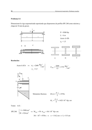 54                                                                                   Resistencia de materiales. Problemas resueltos




Problema 5.1

Dimensionar la viga esquematizada suponiendo que disponemos de perfiles IPE 240 como máximo y
chapa de 10 mm de grosor.


                                      C        P
                  A                                                B                           P = 9500 Kp
                                                                                               L=6m
                              =                          =
                                                                                               Acero A 42b
                                          L
                                                                                               se   = 1,5

                  E       D               C




                                                                                     E                 D                     C
Resolución:

          Acero A 42 b                             2600 Kp                               2600
                                                                 cm 2                         1733 Kp 2
                                          e
                                                                              adm
                                                   1,5                                    1,5        cm
                                          se


             L2
           L1
                                  C
             E        D
      A



             x


                          +                                                              P x
                                          Momentos flectores                M ( x)             4750 x
                                                                                          2

                                                                                     P L
                                                                            MC           1425 103 Kp cm
                                                                                      4

Tramo A-E :

                 I    3890 cm 4
IPE 240                           3
                                               M max         W     adm   561 103 Kp cm
                W     324 cm
                                               561 · 103 = 4750·x            x = 118,2 cm           L1=115 cm
 
