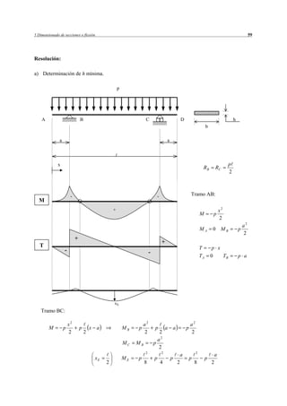 5 Dimensionado de secciones o flexión                                                                                                                         59




Resolución:

a) Determinación de h mínima.

                                                         p




    A                           B                                      C                         D                                               h
                                                                                                                       b

               a                                                                        a




              x                                                                                                                              p
                                                                                                                      RB       RC
                                                                                                                                             2



                        -                                                       -                        Tramo AB:
  M
                                                     +                                                                             x2
                                                                                                                  M            p
                                                                                                                                   2
                                                                                                                                                         a2
                                                                                                                  MA           0 MB                  p
                                                                                                                                                         2
                            +
                                                                                    +
   T                                                                                                              T        p x
                   -                                                       -
                                                                                                                  TA       0            TB           p a




                                                     vE
    Tramo BC:

                       x2                                             a2                                 a2
        M          p            p       x   a                MB   p            p        a   a        p
                       2            2                                 2           2                      2
                                                                                 a2
                                                             MC   MB           p
                                                                                 2
                                                                       2            2                         2
                                                                                                 a                             a
                                            xE               ME   p            p            p            p             p
                                                 2                     8            4           2            8             2
 