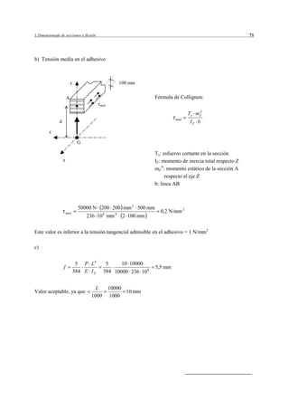 5 Dimensionado de secciones o flexión                                                                      71




b) Tensión media en el adhesivo



                           y                       100 mm


                       A                                         Fórmula de Collignon:
                                         med
                                                                                    A
                                                                                Ty mZ
                                                                          med
               d                                                                 IZ b
        z

                               G

                                                                 Ty: esfuerzo cortante en la sección
                   x                                             IZ: momento de inercia total respecto Z
                                                                 mZA: momento estático de la sección A
                                                                      respecto al eje Z
                                                                 b: linea AB



                               50000 N 200 200 mm 2 500 mm
                       med                                         0,2 N/mm 2
                                   236 10 8 mm 4    2 100 mm

Este valor es inferior a la tensión tangencial admisible en el adhesivo = 1 N/mm2

c)


                              5 P L4         5     10 10000
                   f                                             5,5 mm
                             384 E I Z      384 10000 236 10 8


                                       L       10000
Valor aceptable, ya que                              10 mm
                                     1000      1000
 