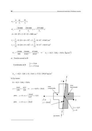 82                                                                                          Resistencia de materiales. Problemas resueltos




              N    Mz           My
     x                y               z
              A    Iz            Iy


                  50 000          250 000                  875 000
     x                                    y                        z
                    A               Iz                       Iy
A            10 35      2 15 15             800 cm 2

              1             3                      1
Iz              15 15 10 15                     2    10 10 3     81667 cm 4
             12                                   12
              1             3                      1
Iy              10 10 15 10                     2    15 15 3      44 167 cm 4
             12                                   12


                  50 000        250 000         875 000
         x                              y               z                  x     62,5 3,06 y 19,81z kg/cm 2
                  800            81667           44167

a) Tensión normal en B


                                            y       5 cm
         Coordenadas de B
                                            z       17,5 cm



         xB       62,5 3,06 ( 5) 19,81 ( 17,5)                  299,47 kp/cm 2

b) Eje neutro
                                                                                                   y
     0        62,5 3,06 y 19,81z
                                                                                                                     zona
                                                                               zona                                  traccionada
              19,81            62,5                                            comprimida
     y              z                           y    6,47 z 20,42
               3,06            3,06

                                          20,42
         para       y      0     z                    3,15
                                          6,47
                                                                  z
                                                                 z     0                                                       B
         para       z   0        y        20,42                  y         20,42


                                                                                                                           z       3,15
                                                                                                                           y    0


                                                                                      eje neutro
 