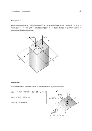 6 Flexión desviada y flexión compuesta                                                                          83




Problema 6.3

Sobre una columna de sección rectangular ( 35 40 cm), se aplican dos fuerzas excéntricas: 30 Tn en el
punto P(y = 3, z = 4 cm) y 50 Tn en el punto Q (y = 0, z = -5 cm). Dibujar el eje neutro y hallar el
punto de máxima tensión normal.



                                         30 Tn                 50 Tn
                                y


                                                       Q
                                           P
                                                           5
                                               3   4




                            z
               35
                                                                            40




Resolución:

Trasladando las dos fuerzas al centro de gravedad G de la sección obtenemos:

                                                                                     y
My         30 0,04 50 0,05                1,2 2.5 1,3 Tn m
                                                                                                     D
Mz      30 0,03 0,9 Tn m
                                                                       My= 1,3 Tn m
                                                                                                    80 Tn
 N      30 50          80 Tn                                                                                B
                                                                                 C
                                                                                                G



                                                                                            A
                                                                        z    Mz= 0,9 Tn m
 