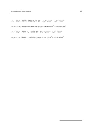 6 Flexión desviada y flexión compuesta                                          85




   A      57,14 0,630 ( 17,5) 0,696 20      32,19 kg/cm 2      3,219 N/mm 2


   B      57,14 0,630 ( 17,5) 0,696 ( 20)      60,04 kg/cm 2     6,004 N/mm 2


   C      57,14 0,630 17,5 0,696 20      54,24 kg/cm 2      5,424 N/mm 2


   D      57,14 0,630 17,5 0,696 ( 20)      82,08 kg/cm 2      8,208 N/mm 2
 