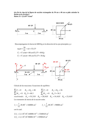 6.6.-En la viga de la figura de sección rectangular de 30 cm x 40 cm se pide calcular la
flecha en la sección C
Datos: E= 2,1x104 N/mm2


                                                                           SECCION
                                                                                            60 kN
                            60 kN

 A                                                            B    40 cm                         z
                                    C
                       3m                   2m
                                                                               y
                                                                               30 cm


 Descompongamos la fuerza de 6000 Kg en la dirección de los ejes principales y,z:

                20
     tag α =       → α = 53,13º
                15
       Fy = F .senα = 60.sen53,13º = 48 Kg
       Fz = F .cos α = 60.cos 53,13º = 36 Kg

                                                                                          60 kN
                                                                       48 kN
 RAy                                      48 kN     RBy
                RAz   z
                                                     RBz

                                                                   40 cm               α 36 kN
A                     36 kN           C                  B                                   z
                      3m                   2m
                                                                               y
     y                                                                         30 cm


Cálculo de las reacciones: Ecuaciones de equilibrio:

∑F =0  y              RAy + RBy = 48              ∑F z    =0         RAz + RBz = 36
∑M = 0     Az         RBy .5 = 48.3               ∑M     Ay   =0     RBz .5 = 36.3
resolviendo : RAy = 19, 2 kN                RBy = 28,8 kN          RAz = 14, 4 kN    RBz = 21, 6 kN
Los momentos de inercia de la sección serán:

        1                                                 1
Iz =      .30 .40 3 = 160000 cm 4                 Iy =      .40.30 3 = 90000 cm 4
       12                                                12
con lo cual:

E.I z = 2,1.104.103.160000.10−8 = 33600 kN .m 2
E.I y = 2,1.10 4.103.90000.10 −8 = 18900 kN .m 2
 