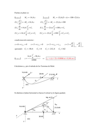 Flechas en plano xz:

0− x−3                       M y = −14, 4.x                         3− x −5                M y = −21, 6.(5 − x) = −108 + 21, 6.x
       d 2z                                                          d 2z
E .I y .    = − M y = 14, 4.x                                  E .I y .   = − M y = −21, 6.x + 108
       dx 2                                                          dx 2
       dz           x2                                              dz             x2
E.I y . = 14, 4. + C1                                       E.I y . = −21, 6. + 108.x + C3
       dx            2                                              dx             2
                   3                                                             3
                 x                                                             x         x2
E.I y .z = 14, 4. + C1.x + C2                               E.I y .z = −21, 6. + 108. + C3 .x + C4
                 6                                                             6         2

condiciones de contorno :
                                                                                                                         dz     dz 
x = 0 → z0 − 3 = 0                          x = 5 → z3 − 5 = 0                  x = 3 → z 0 − 3 = z3− 5          x =3→       = 
                                                                                                                         dx 0−3 dx 3−5
operando : C1 = −50, 4                                   C2 = 0            C3 = −212, 4                   C4 = 162


                                                x3
                                     14, 4.        − 50, 4.x
0− x −3                       z=                 6                →            zC = z ( x = 3) = 0.0046 m = 0, 46 cm ↓
                                                18900


Calculemos zC, por el método de los Teoremas de Mohr:


              14,4 kN                       z
                                                            36 kN                     21,6 kN
               A                                            C
                                                                                           B
               4800 Kg




                                                                                                      x
                                                    zC

                                   z(x)
               y


Si abatimos el plano horizontal xz hacia el vertical xy la figura quedará:

                                                                               tag. en A



                                                                                                δBA
                                                                  C δCA
           14,4 kN                                                               hC
                                                                                               21,6 kN
                                                  θyA                     zC
                         A                                         C
                                                                                               B
                         4800 Kg




                                                                                                          x
   y
                                                           36 kN
                                     z(x)
                         z
 