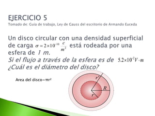 EJERCICIO 5Tomado de: Guía de trabajo, Ley de Gauss del escritorio de Armando EucedaUn disco circular con una densidad superficial de carga está rodeada por una esfera de 1 m. Si el flujo a través de la esfera es de ¿Cuál es el diámetro del disco? Area del disco=πr²