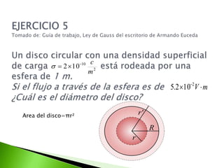 EJERCICIO 5Tomado de: Guía de trabajo, Ley de Gauss del escritorio de Armando EucedaUn disco circular con una densidad superficial de carga                   está rodeada por una esfera de 1 m.                                                 Si el flujo a través de la esfera es de                     ¿Cuál es el diámetro del disco? ,[object Object],Area del disco=πr²                 ,[object Object]