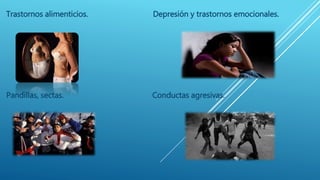 Trastornos alimenticios. Depresión y trastornos emocionales.
Pandillas, sectas. Conductas agresivas.
 