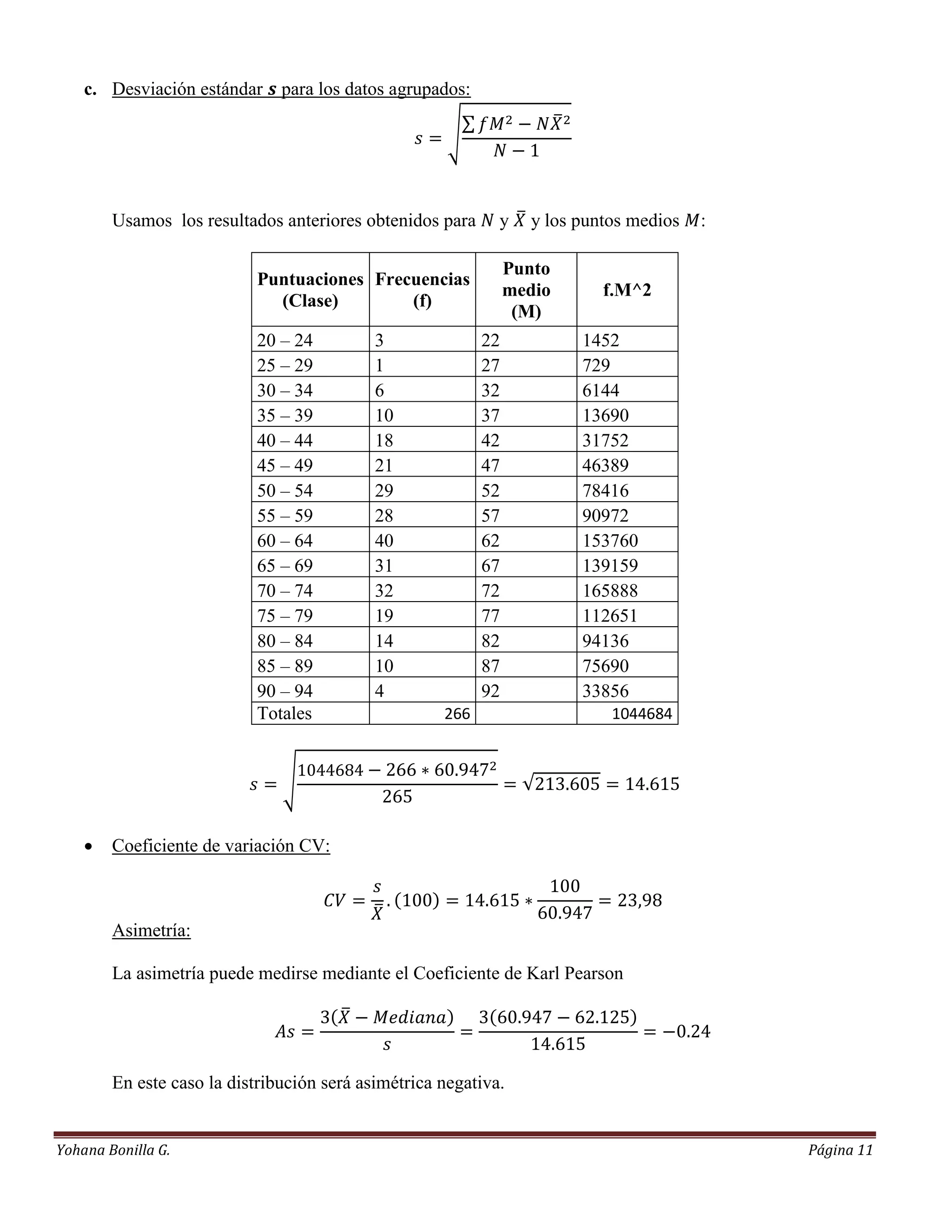 c. Desviación estándar     para los datos agrupados:




        Usamos los resultados anteriores obtenidos para      y    y los puntos medios   :

                                                                Punto
                           Puntuaciones Frecuencias
                                                                medio      f.M^2
                             (Clase)        (f)
                                                                 (M)
                           20 – 24          3              22           1452
                           25 – 29          1              27           729
                           30 – 34          6              32           6144
                           35 – 39          10             37           13690
                           40 – 44          18             42           31752
                           45 – 49          21             47           46389
                           50 – 54          29             52           78416
                           55 – 59          28             57           90972
                           60 – 64          40             62           153760
                           65 – 69          31             67           139159
                           70 – 74          32             72           165888
                           75 – 79          19             77           112651
                           80 – 84          14             82           94136
                           85 – 89          10             87           75690
                           90 – 94          4              92           33856
                           Totales                   266                    1044684




       Coeficiente de variación CV:



        Asimetría:

        La asimetría puede medirse mediante el Coeficiente de Karl Pearson




        En este caso la distribución será asimétrica negativa.


Yohana Bonilla G.                                                                           Página 11
 
