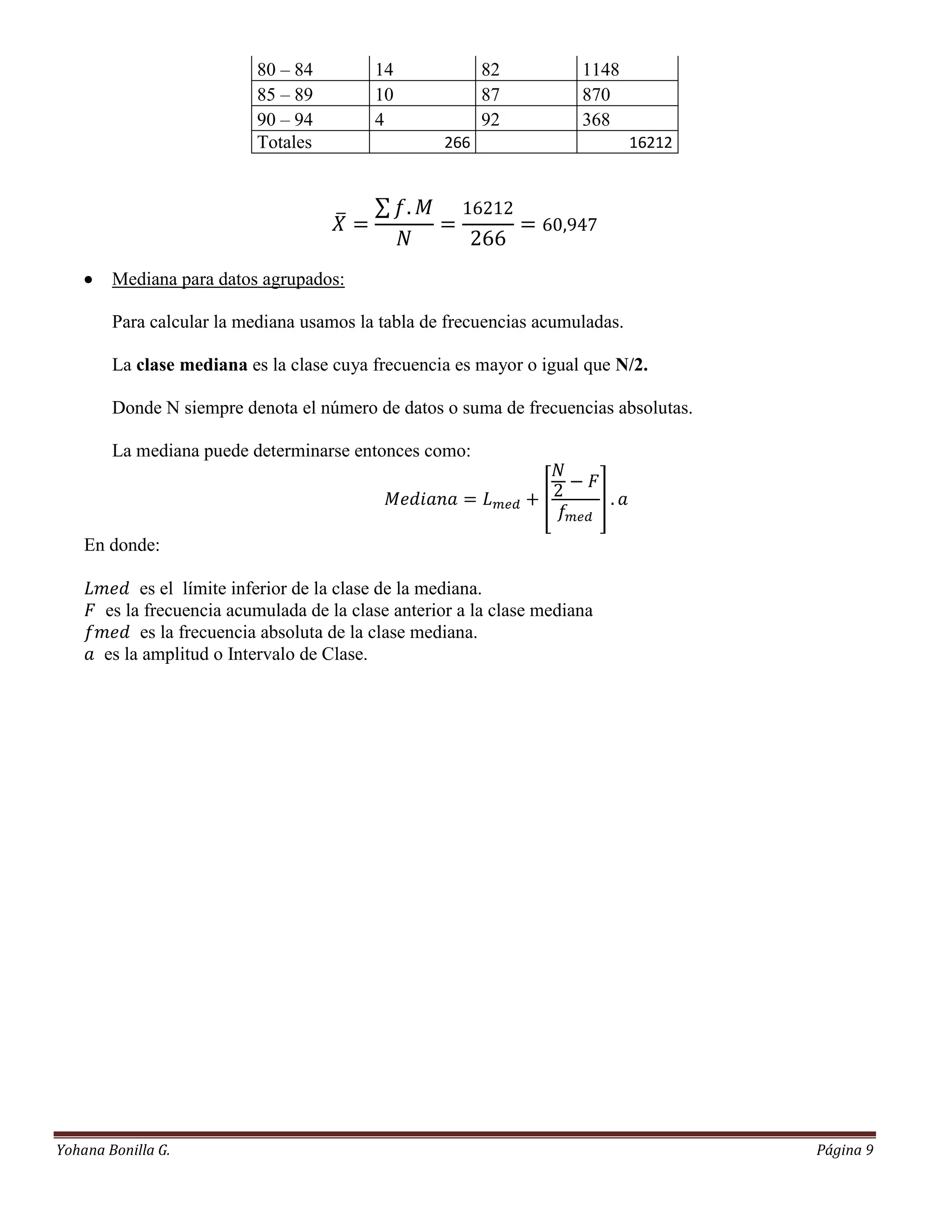 80 – 84         14             82           1148
                            85 – 89         10             87           870
                            90 – 94         4              92           368
                            Totales                  266                       16212




        Mediana para datos agrupados:

         Para calcular la mediana usamos la tabla de frecuencias acumuladas.

         La clase mediana es la clase cuya frecuencia es mayor o igual que N/2.

         Donde N siempre denota el número de datos o suma de frecuencias absolutas.

         La mediana puede determinarse entonces como:




    En donde:

             es el límite inferior de la clase de la mediana.
        es la frecuencia acumulada de la clase anterior a la clase mediana
             es la frecuencia absoluta de la clase mediana.
        es la amplitud o Intervalo de Clase.




Yohana Bonilla G.                                                                      Página 9
 