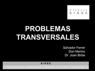 PROBLEMAS
TRANSVERSALES
Salvador Ferrer
Dori Merino
Dr Joan Birbe
B I R B E
Vía Augusta 101 bis . 08006 Barcelona . T: 932124737 . F: 93 218 0817. www.birbe.org
 
