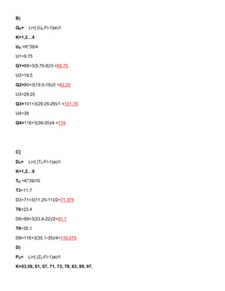 B)
QK= Li+[ (Uk-Fi-1)ai]/fi
K=1,2…4
UK =K*39/4
U1=9.75
Q1=68+3(9.75-8)/3 =69.75
U2=19.5
Q2=80+3(19.5-18)/2 =82.25
U3=29.25
Q3=101+3(29.25-29)/1 =101.75
U4=39
Q4=116+3(39-35)/4 =119
C)
DK= Li+[ (Tk-Fi-1)ai]/fi
K=1,2…9
TK =K*39/10
T3=11.7
D3=71+3(11.25-11)/2=71.375
T6=23.4
D6=89+3(23.4-22)/2=91.1
T9=35.1
D9=116+3(35.1-35)/4=116.075
D)
PK= Li+[ (Zk-Fi-1)ai]/fi
K=53,59, 61, 67, 71, 73, 79, 83, 89, 97.
 