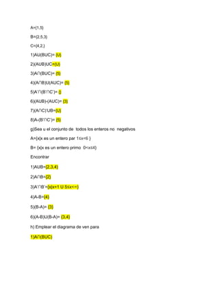 A={1,5}
B={2,5,3}
C={4,2,}
1)AU(BUC)= {U}
2)(AUB)UC={U}
3)A∩(BUC)= {5}
4)(A∩B)U(AUC)= {5}
5)A’∩(B’∩C’)= {}
6)(AUB)-(AUC)= {3}
7)(A∩C)’UB={U}
8)A-(B’∩C’)= {5}
g)Sea u el conjunto de todos los enteros no negativos
A={x|x es un entero par 1≤x<6 }
B= {x|x es un entero primo 0<x≤4}
Encontrar
1)AUB={2,3,4}
2)A∩B={2}
3)A’∩B’={x|x=1 U 5≤x<∞}
4)A-B={4}
5)(B-A)= {3}
6)(A-B)U(B-A)= {3,4}
h) Emplear el diagrama de ven para
1)A∩(BUC)
 