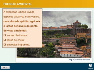 PRESSÃO AMBIENTAL
Pág. 117
Fig. Vila Nova de Gaia.
A expansão urbana invade
espaços cada vez mais vastos,
com elevada aptidão agrícola
e áreas sensíveis do ponto
de vista ambiental:
 zonas ribeirinhas;
 leitos de cheia;
 encostas íngremes.
 