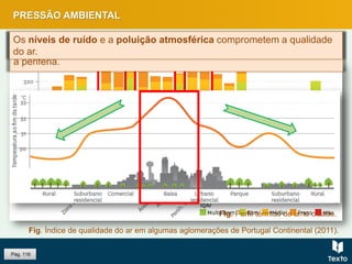 PRESSÃO AMBIENTAL
Pág. 116
Fig. Índice de qualidade do ar em algumas aglomerações de Portugal Continental (2011).
Fig. Perfil térmico de uma cidade.
A temperatura é superior nas áreas centrais das cidades e diminui para
a periferia.
Os níveis de ruído e a poluição atmosférica comprometem a qualidade
do ar.
 
