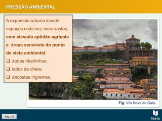 PRESSÃO AMBIENTAL
Pág. 117
Fig. Vila Nova de Gaia.
A expansão urbana invade
espaços cada vez mais vastos,
com elevada aptidão agrícola
e áreas sensíveis do ponto
de vista ambiental:
 zonas ribeirinhas;
 leitos de cheia;
 encostas íngremes.
 
