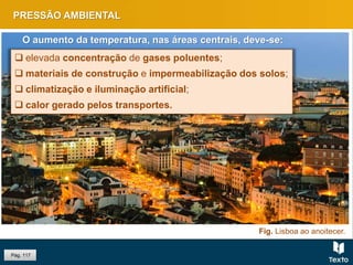 PRESSÃO AMBIENTAL
Fig. Lisboa ao anoitecer.
 elevada concentração de gases poluentes;
 materiais de construção e impermeabilização dos solos;
 climatização e iluminação artificial;
 calor gerado pelos transportes.
O aumento da temperatura, nas áreas centrais, deve-se:
Pág. 117
 