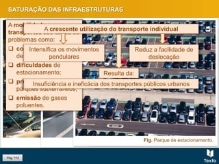 Fig. Congestionamento de trânsito.
Fig. Parque de estacionamento subterrâneo.
Fig. Emissão de gases poluentes.
Pág. 112
SATURAÇÃO DAS INFRAESTRUTURAS
Fig. Parque de estacionamento.
A mobilidade e os
transportes são causa de
problemas como:
 congestionamentos
de trânsito;
 dificuldades de
estacionamento;
 proliferação de
parques subterrâneos;
 emissão de gases
poluentes.
Intensifica os movimentos
pendulares
Insuficiência e ineficácia dos transportes públicos urbanos
Resulta da:
Reduz a facilidade de
deslocação
A crescente utilização do transporte individual
 