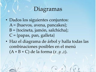 Diagramas
• Dados los siguientes conjuntos:
  A = {huevos, avena, pancakes};
  B = {tocineta, jamón, salchicha};
  C = {papas, pan, galleta}
• Haz el diagrama de árbol y halla todas las
  combinaciones posibles en el menú
  (A × B × C) de la forma (x ,y ,z).
 