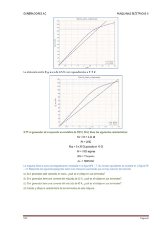 GENERADORES AC                                                                                 MAQUINAS ELÉCTRICAS II




La distancia entre EAy VTes de 4.5 V correspondientes a 115 V




9.27 Un generador de compuesto acumulativo de 120 V, 50 A, tiene las siguientes características:
                                                      RA + RS = 0.20 Ω
                                                          RF = 20 Ω
                                              Radj = 0 a 30 Ω ajustado en 10 Ω
                                                      NF = 1000 espiras
                                                       NSE = 15 espiras
                                                       nm = 1800 r/min
La máquina tiene la curva de magnetización mostrada rn la figura P9 – 7. Su circuito equivalente se muestra en la figura P9
– 10. Responda las siguientes preguntas sobre esta máquina suponiendo que no hay reacción del inducido.
(a) Si el generador está operando en vacío, ¿cuál es el voltaje en sus terminales?
(b) Si el generador tiene una corriente del inducido de 20 A, ¿cuál es el voltaje en sus terminales?
(c) Si el generador tiene una corriente del inducido de 40 A, ¿cuál es el voltaje en sus terminales?
(d) Calcule y dibuje la característica de los terminales de esta máquina.




UPS                                                                                                                Página 8
 