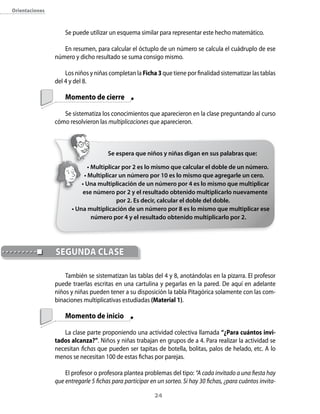 orientaciones



                    Se puede utilizar un esquema similar para representar este hecho matemático.

                   En resumen, para calcular el óctuplo de un número se calcula el cuádruplo de ese
                número y dicho resultado se suma consigo mismo.

                    Los niños y niñas completan la Ficha 3 que tiene por finalidad sistematizar las tablas
                del 4 y del 8.

                    Momento de cierre

                   Se sistematiza los conocimientos que aparecieron en la clase preguntando al curso
                cómo resolvieron las multiplicaciones que aparecieron.



                                      Se espera que niños y niñas digan en sus palabras que:

                              • Multiplicar por 2 es lo mismo que calcular el doble de un número.
                            • Multiplicar un número por 10 es lo mismo que agregarle un cero.
                           • Una multiplicación de un número por 4 es lo mismo que multiplicar
                           ese número por 2 y el resultado obtenido multiplicarlo nuevamente
                                          por 2. Es decir, calcular el doble del doble.
                       • Una multiplicación de un número por 8 es lo mismo que multiplicar ese
                                número por 4 y el resultado obtenido multiplicarlo por 2.




                segUndA clAse

                    También se sistematizan las tablas del 4 y 8, anotándolas en la pizarra. El profesor
                puede traerlas escritas en una cartulina y pegarlas en la pared. De aquí en adelante
                niños y niñas pueden tener a su disposición la tabla Pitagórica solamente con las com-
                binaciones multiplicativas estudiadas (Material 1).

                    Momento de inicio

                   La clase parte proponiendo una actividad colectiva llamada “¿Para cuántos invi-
                tados alcanza?”. Niños y niñas trabajan en grupos de a 4. Para realizar la actividad se
                necesitan fichas que pueden ser tapitas de botella, bolitas, palos de helado, etc. A lo
                menos se necesitan 100 de estas fichas por parejas.

                    El profesor o profesora plantea problemas del tipo: “A cada invitado a una fiesta hay
                que entregarle 5 fichas para participar en un sorteo. Si hay 30 fichas, ¿para cuántos invita-

                                                         24
 