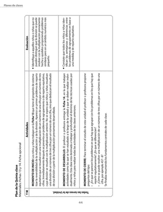 Plan de la Quinta clase
     Materiales: Fichas 13 y 14. Ficha opcional
                                                                                                                                                                                                 planes de clases




      TM                                                                          Actividades                                                                    evaluación
                                       MoMeNTo De INIcIo: Los niños y niñas trabajan en la Ficha 13 que tiene el propósito de sistema-        n	   Identifique a aquellos niños o niñas que no
                                       tizar la reversibilidad de la multiplicación y de la división. Aparece un primer problema de reparto        pueden distinguir que la división se puede
                                       equitativo que se resuelve con una multiplicación de un número de una cifra por un número de tres           resolver con la multiplicación previamente
                                       cifras. Inmediatamente después se presenta un problema de agrupamiento o de reparto equitativo,             hecha y ayúdelos proponiendo problemas
                                                                                                                                                   similares pero en un ámbito numérico más
                                       cuya división se resuelve con la multiplicación anterior. No se espera que niños y niñas resuelvan
                                                                                                                                                   pequeño.
                                       una división de un número de tres cifras por un número de una cifra, sino que deduzcan el resultado
                                       de esa división a partir de la multiplicación previamente desarrollada.


                                                                                                                                              n	   Constate que todos los niños y niñas iden-
                                       MoMeNTo De DesArrollo: El profesor o profesora entrega la Ficha 14, en la que trabajan
                                       actividades como las que se han estudiado a lo largo de la unidad y que se deben realizar indivi-           tifican las semejanzas y diferencias entre
                                       dualmente. Esta clase esta destinada a trabajar y profundizar el dominio de las técnicas usadas por         los problemas de agrupamiento en base a
                                                                                                                                                   una medida y de reparto equitativo.
                                       niños y niñas para realizar todas las actividades de las clases anteriores.




44
                                       MoMeNTo De cIerre: Para terminar el estudio de esta unidad el profesor o profesora propone




      Todas las tareas de la unidad.
                                       preguntas del tipo:
                                       • ¿En que se parecen los problemas en que hay que agrupar con los problemas en los que hay que
                                         repartir equitativamente? ¿En que se diferencian?
                                       • ¿Cómo se puede resolver una multiplicación de un número de tres cifras por un número de una
                                         cifra, por ejemplo 457 • 8?
                                       Se finaliza resumiendo los fundamentos centrales de cada clase.
 