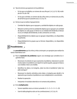 presentación



      	 Tipo de números que aparecen en los problemas:

         •   En los que se multiplica: un número de una cifra por 2, 4, 5, 8, 10, 100, múlti-
             plo de 10 o de 100.

         •   En los que se divide: un número de dos cifras entre un número de una cifra,
             de tal forma que el cuociente sea 2, 4, 5, 8 y 10.

      	 Forma en que se realiza el agrupamiento:

         •   Cantidad de objetos que se agrupan y cantidad de objetos en cada grupo.

         •   Relación numérica entre la cantidad de objetos que se agrupan y la cantidad
             de objetos en cada grupo: el divisor es un múltiplo del dividendo; el divisor
             no es un múltiplo del dividendo, es decir, divisiones con resto.

         •   Disponibilidad de los objetos que se agrupan: disponibles y no disponibles
             visualmente.

         •   Disponibilidad de los grupos que se forman: disponibles y no disponibles
             visualmente.

3. Procedimientos

      Los procedimientos que los niños y niñas construyen y se apropian para realizar las
  tareas matemáticas son:

       Para la resolución de problemas siguen una estrategia que considera las si-
        guientes fases:

         •   Reconocer el contexto en que se presenta el problema: relacionan la acción
             involucrada en el problema con repartir en partes iguales, agrupar en base a
             una medida e iterar una medida.

         •   Identificar los datos y la incógnita. ¿Qué nos dice el problema? ¿Qué nos
             pide averiguar?

         •   Reconocer la relación aritmética entre datos e incógnita para decidir si la
             operación que resuelve el problema es una multiplicación o una división.

         •   Realizar la operación.

         •   Interpretar el resultado obtenido en el contexto del problema.

      	 En la multiplicación:

         •   Suman repetidas veces un mismo sumando: 4 • 5 = 5 + 5 + 5 + 5 = 20.
         •   Usan la tabla pitagórica solo con las combinaciones 2, 4, 5, 8 y 10.
                                                
 