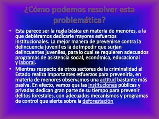 ¿Cómo podemos resolver esta problemática?Esta parece ser la regla básica en materia de menores, a la que debiéramos dedicarle mayores esfuerzos institucionales. La mejor manera de prevenirse contra la delincuencia juvenil es la de impedir que surjan delincuentes juveniles, para lo cual se requieren adecuados programas de asistencia social, económica, educacional y laboral.Mientras respecto de otros sectores de la criminalidad el Estado realiza importantes esfuerzos para prevenirla, en materia de menores observamos una actitud bastante más pasiva. En efecto, vemos que las instituciones públicas y privadas dedican gran parte de su tiempo para prevenir delitos forestales, con adecuados mecanismos y programas de control que alerte sobre la deforestación