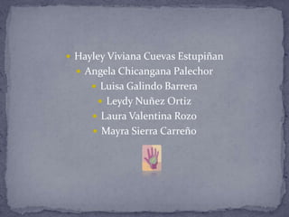  Hayley Viviana Cuevas Estupiñan
 Angela Chicangana Palechor
 Luisa Galindo Barrera
 Leydy Nuñez Ortiz
 Laura Valentina Rozo
 Mayra Sierra Carreño
 