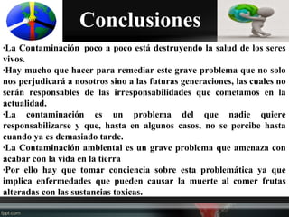 Conclusiones
·La Contaminación poco a poco está destruyendo la salud de los seres
vivos.
·Hay mucho que hacer para remediar este grave problema que no solo
nos perjudicará a nosotros sino a las futuras generaciones, las cuales no
serán responsables de las irresponsabilidades que cometamos en la
actualidad.
·La contaminación es un problema del que nadie quiere
responsabilizarse y que, hasta en algunos casos, no se percibe hasta
cuando ya es demasiado tarde.
·La Contaminación ambiental es un grave problema que amenaza con
acabar con la vida en la tierra
·Por ello hay que tomar conciencia sobre esta problemática ya que
implica enfermedades que pueden causar la muerte al comer frutas
alteradas con las sustancias toxicas.
 