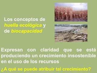 Los conceptos de
huella ecológica y
de biocapacidad
Expresan con claridad que se está
produciendo un crecimiento insostenible
en el uso de los recursos
¿A qué se puede atribuir tal crecimiento?
 