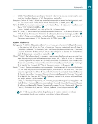— (2004), “Mas allá de logros y malogros. Ejercer la vida, leer las pistas y animarnos a los acer-
tijos”, en: Novedades educativas, Nº 65, Buenos Aires, septiembre.
Rodríguez Paoletti, C. (2005), “Cosas que nunca habían ocurrido: repensar la relación escuela-fami-
lia”, en: La Educación en nuestras manos, Nº 73, Buenos Aires, SUTEBA, junio. M
Sarlo, B. (1999), “La historia no es un juego”, Clarín, Buenos Aires, 4 de marzo, en: www.clarin.com/
diario/1999/ 03/04/i-02102d.htm M
— (2001), “Ya nada será igual”, en: Punto de Vista, Nº 70, Buenos Aires.
Serra, S. (2004), “El difícil camino que va de la pobreza a la igualdad”, en: El monitor de la educación,
Nº 1, 5ª época, Buenos Aires, Ministerio de Educación, Ciencia y Tecnología, octubre. M
Siede, I. (2005), “Imágenes cristalizadas. Las familias de hoy y las expectativas de la escuela”, en: La
Educación en nuestras manos, Nº 73, Buenos Aires, SUTEBA, junio. M
Fuentes electrónicas
Barbagelatta, N. (2005), “El cuidado del otro”, en: www.me.gov.ar/curriform/publica/todocomien-
za_barbagelatta.pdf. Ciclo de Cine y Formación Docente, organizado por el Área de
Desarrollo Profesional Docente de la Dirección Nacional de Gestión Curricular y Formación
Docente, Ministerio de Educación, Ciencia y Tecnología de la Nación, San Fernando del
Valle de Capamarca, viernes 16 de septiembre. M
Minzi, V. (2005), “La ‘cultura infantil’: ¿cómo abrir espacios para el diálogo intergeneracional?”, en:
www.me.gov.ar/curriform/publica/caminoacasa_minzi.pdf. Ciclo de Cine y Formación
Docente, organizado por el Área de Desarrollo Profesional Docente de la Dirección Nacional
de Gestión Curricular y Formación Docente, Ministerio de Educación, Ciencia y Tecnología
de la Nación, San Fernando del Valle de Catamarca, viernes 26 de agosto. M
Paván, V. (2005), “Familia posmoderna o contemporánea. Análisis a través de un recorrido históri-
co”, en: www.me.gov.ar/curriform/publica/pavan_matilda.pdf. Ciclo de Cine y Formación
Docente, organizado por el Área de Desarrollo Profesional Docente de la Dirección Nacional
de Gestión Curricular y Formación Docente, Ministerio de Educación, Ciencia y Tecnología
de la Nación, San Francisco del Valle de Catamarca, viernes 28 de octubre, y General Roca,
Río Negro, viernes 4 de noviembre. M
— (2006), “La familia contemporánea”, en: www.me.gov.ar/curriform/publica/pavan_familia.pdf.
Ciclo de Cine y Formación Docente, organizado por el Área de Desarrollo Profesional Docente
de la Dirección Nacional de Gestión Curricular y Formación Docente, Ministerio de Educación,
Ciencia y Tecnología de la Nación, Chilecito, La Rioja, viernes 15 de septiembre. M
M En el CD se presenta una lista de películas y de páginas web recomendadas
para trabajar las diversas temáticas recorridas a lo largo del módulo.
Bibliografía 79
Gestión
escolar
 