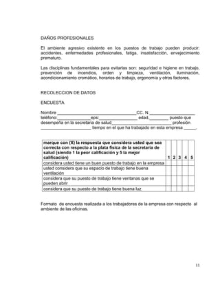 11
DAÑOS PROFESIONALES
El ambiente agresivo existente en los puestos de trabajo pueden producir:
accidentes, enfermedades profesionales, fatiga, insatisfacción, envejecimiento
prematuro.
Las disciplinas fundamentales para evitarlas son: seguridad e higiene en trabajo,
prevención de incendios, orden y limpieza, ventilación, iluminación,
acondicionamiento cromático, horarios de trabajo, ergonomía y otros factores.
RECOLECCION DE DATOS
ENCUESTA
Nombre _________________________________CC. N.___________________
teléfono:______________eps:________________ edad.________ puesto que
desempeña en la secretaria de salud_________________________ profesión
_____________________ tiempo en el que ha trabajado en esta empresa _____.
marque con (X) la respuesta que considera usted que sea
correcta con respecto a la plata física de la secretaria de
salud (siendo 1 la peor calificación y 5 la mejor
calificación) 1 2 3 4 5
considera usted tiene un buen puesto de trabajo en la empresa
usted considera que su espacio de trabajo tiene buena
ventilación
considera que su puesto de trabajo tiene ventanas que se
pueden abrir
considera que su puesto de trabajo tiene buena luz
Formato de encuesta realizada a los trabajadores de la empresa con respecto al
ambiente de las oficinas.
 