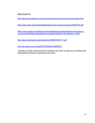 13
BIBLIOGRAFIA
http://html.rincondelvago.com/acondicionamiento-de-los-centros-de-trabajo.html
http://www.ispch.cl/sites/default/files/SituacionCondicionLaboral-04092014A.pdf
https://sites.google.com/site/prevencionderiesgosyaccidentes/tipos-de-riesgos-y-
su-prevencion/riesgo-temperatura-humedad-ventilacion-iluminacion-y-ruido
http://www.bvsde.paho.org/bvsacd/eco/000647/0647-11.pdf
http://es.calameo.com/read/00178346824a7d8f3831a
Gracias por todo el personal de la empresa que tomo un poco de su tiempo para
responderme todas las inquietudes que tenía.
 