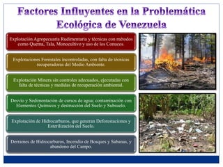Explotación Agropecuaria Rudimentaria y técnicas con métodos
como Quema, Tala, Monocultivo y uso de los Conucos.
Explotaciones Forestales incontroladas, con falta de técnicas
recuperadoras del Medio Ambiente.
Explotación Minera sin controles adecuados, ejecutadas con
falta de técnicas y medidas de recuperación ambiental.
Desvío y Sedimentación de cursos de agua; contaminación con
Elementos Químicos y destrucción del Suelo y Subsuelo.
Explotación de Hidrocarburos, que generan Deforestaciones y
Esterilización del Suelo.
Derrames de Hidrocarburos, Incendio de Bosques y Sabanas, y
abandono del Campo.
 