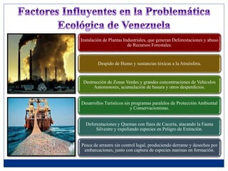 Instalación de Plantas Industriales, que generan Deforestaciones y abuso
de Recursos Forestales.
Despido de Humo y sustancias tóxicas a la Atmósfera.
Destrucción de Zonas Verdes y grandes concentraciones de Vehículos
Automotores, acumulación de basura y otros desperdicios.
Desarrollos Turísticos sin programas paralelos de Protección Ambiental
y Conservacionistas.
Deforestaciones y Quemas con fines de Cacería, atacando la Fauna
Silvestre y expoliando especies en Peligro de Extinción.
Pesca de arrastre sin control legal, produciendo derrame y desechos por
embarcaciones, junto con captura de especies marinas en formación.
 
