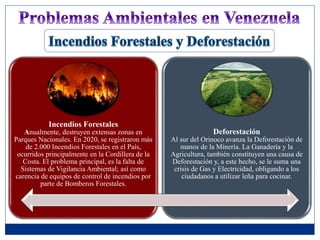 Incendios Forestales
Anualmente, destruyen extensas zonas en
Parques Nacionales. En 2020, se registraron más
de 2.000 Incendios Forestales en el País,
ocurridos principalmente en la Cordillera de la
Costa. El problema principal, es la falta de
Sistemas de Vigilancia Ambiental; así como
carencia de equipos de control de incendios por
parte de Bomberos Forestales.
Deforestación
Al sur del Orinoco avanza la Deforestación de
manos de la Minería. La Ganadería y la
Agricultura, también constituyen una causa de
Deforestación y, a este hecho, se le suma una
crisis de Gas y Electricidad, obligando a los
ciudadanos a utilizar leña para cocinar.
 