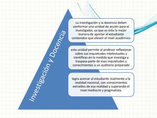 La investigación y la docencia deben
conformar una unidad de acción para el
investigador, ya que es ésta la mejor
manera de aportar al estudiante
contenidos que eleven el nivel académico
esta unidad permite al profesor reflexionar
sobre sus inquietudes intelectuales y
científicas en la medida que investiga y
traspasa parte de esas inquietudes y
conocimientos a un auditorio preparado
logra acercar al estudiante realmente a la
realidad nacional, con conocimientos
extraídos de esa realidad y superando el
nivel mediocre y pragmatista.
 