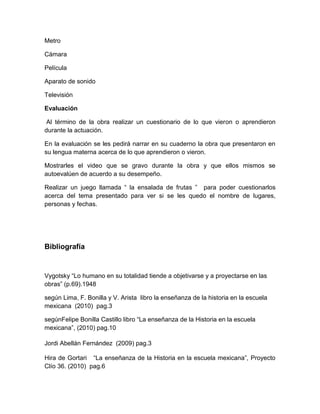Metro

Cámara

Película

Aparato de sonido

Televisión

Evaluación

 Al término de la obra realizar un cuestionario de lo que vieron o aprendieron
durante la actuación.

En la evaluación se les pedirá narrar en su cuaderno la obra que presentaron en
su lengua materna acerca de lo que aprendieron o vieron.

Mostrarles el video que se gravo durante la obra y que ellos mismos se
autoevalúen de acuerdo a su desempeño.

Realizar un juego llamada “ la ensalada de frutas ” para poder cuestionarlos
acerca del tema presentado para ver si se les quedo el nombre de lugares,
personas y fechas.




Bibliografía


Vygotsky “Lo humano en su totalidad tiende a objetivarse y a proyectarse en las
obras” (p.69).1948

según Lima, F. Bonilla y V. Arista libro la enseñanza de la historia en la escuela
mexicana (2010) pag.3

segúnFelipe Bonilla Castillo libro “La enseñanza de la Historia en la escuela
mexicana”, (2010) pag.10

Jordi Abellán Fernández (2009) pag.3

Hira de Gortari “La enseñanza de la Historia en la escuela mexicana”, Proyecto
Clío 36. (2010) pag.6
 