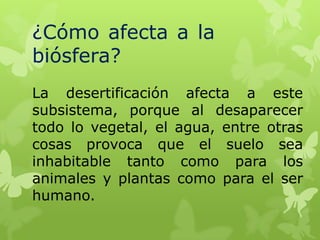 ¿Cómo afecta a la
biósfera?
La desertificación afecta a este
subsistema, porque al desaparecer
todo lo vegetal, el agua, entre otras
cosas provoca que el suelo sea
inhabitable tanto como para los
animales y plantas como para el ser
humano.

 