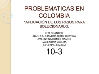 PROBLEMATICAS EN
COLOMBIA
*APLICACIÓN DE LOS PASOS PARA
SOLUCIONARLO.
INTEGRANTES:
-KARLA ALEJANDRA ORTIZ OLIVERA
-VALENTINA GOMEZ RAMOS
-VALENTINA VALERA
-EVELYING GALICIA
10-3
 